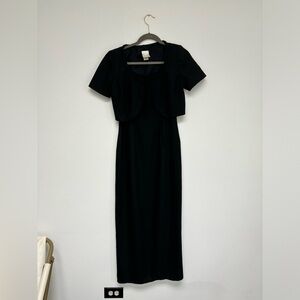 Watters & Watters black braided strap cropped short sleeve satin long Dress sz 6